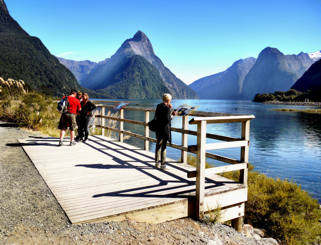 tourists looking at mountains in Milford Sound, NZ
